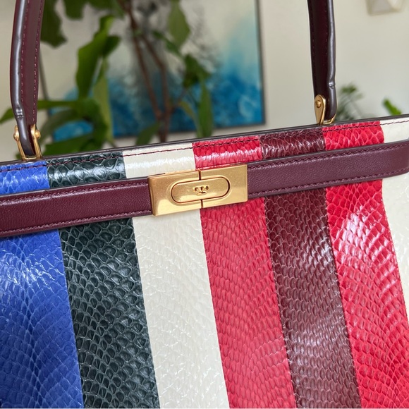 Tory Burch Lee Radziwill Striped Snake Skin Leather Small Top Handle Bag - Picture 2 of 16